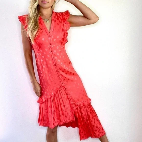 Three Floor Euphoric Coral Red Polka Dot Dress
